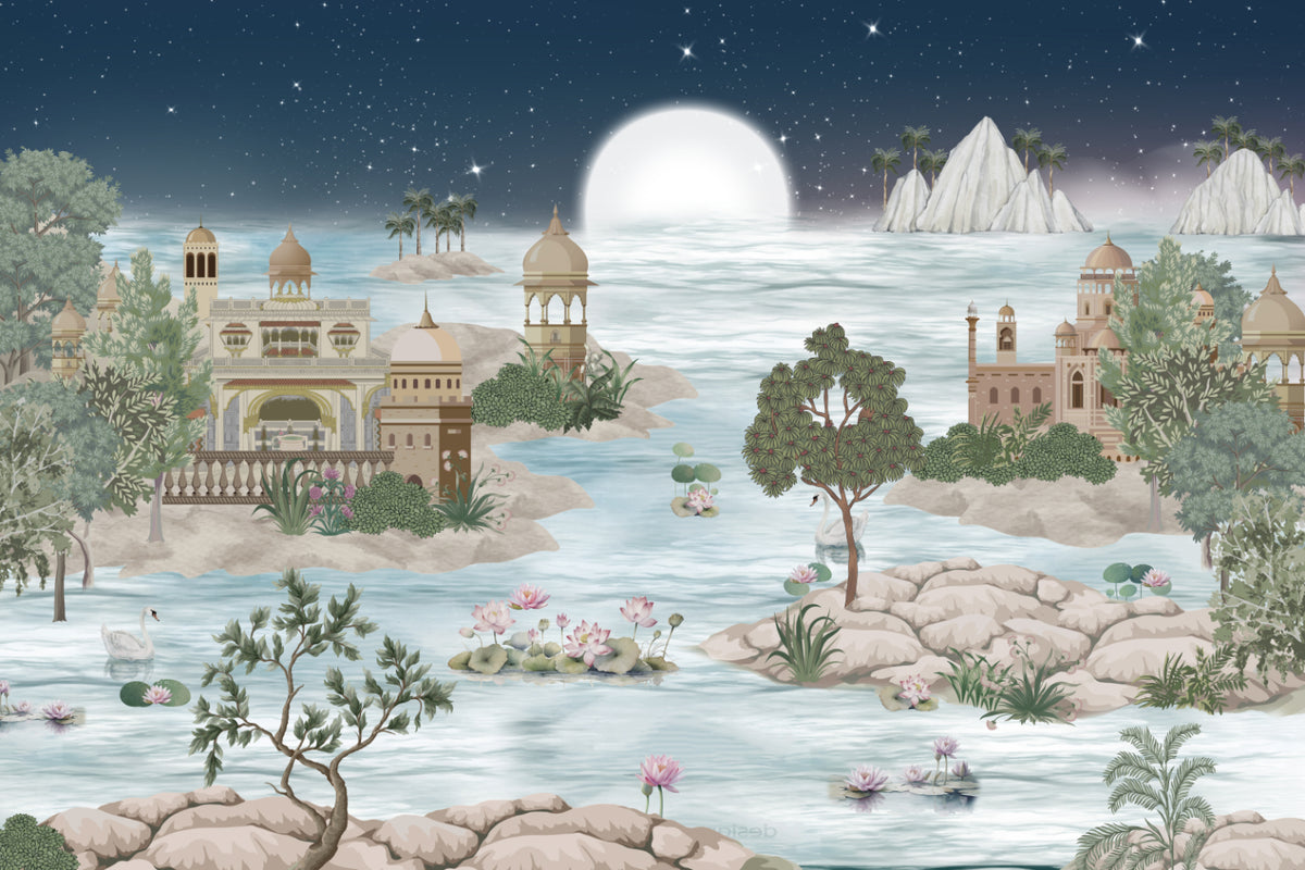 Royal Mughal Night Scenery Mural in your room — zoomed