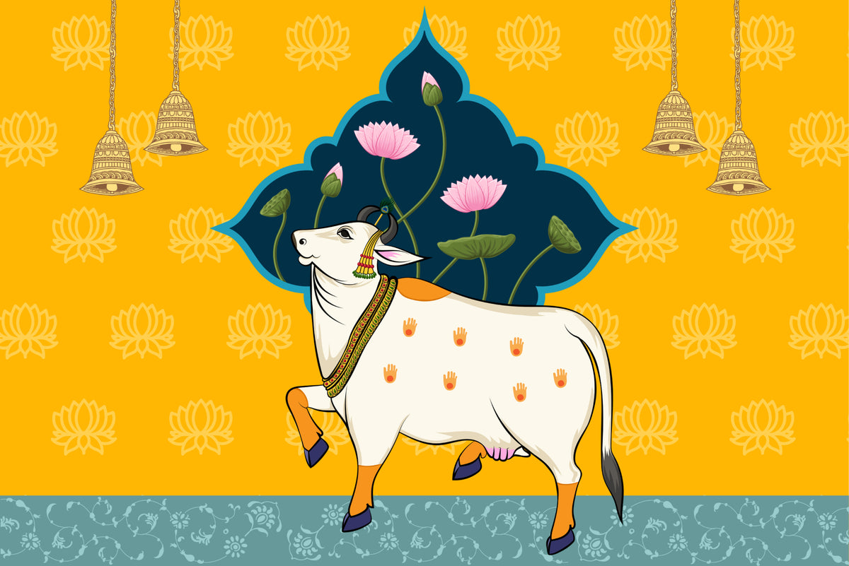 Sacred Cow Hindu Worship Mural in your room — zoomed