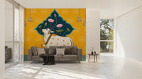 Sacred cow Hindu worship mural with temple bells
