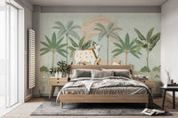 Vintage Pichwai cow wall mural in pastel green tones
