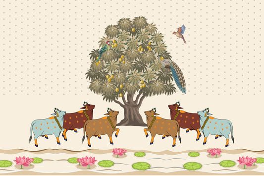 Pichwai Sacred Cows Mango Tree Mural