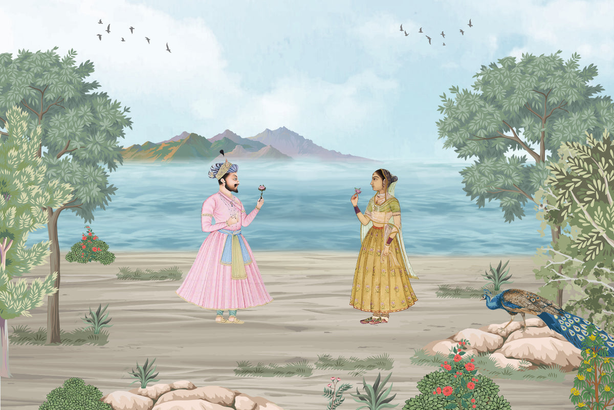 Mughal Royal Couple Wall Mural in your room — zoomed