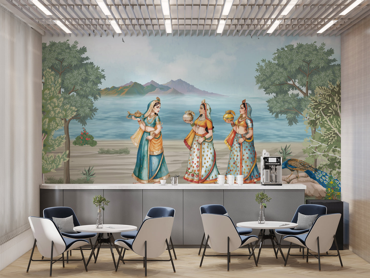 Historical Indian painting mural with lake and trees
