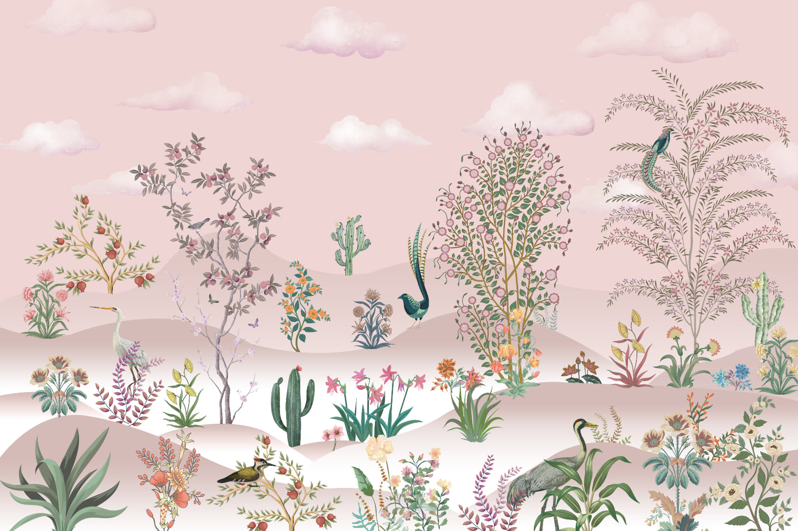 Pink Vintage Desert Botanical Wallpaper in your room — zoomed