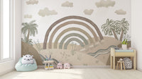 Boho earthy rainbow landscape mural in neutral tones
