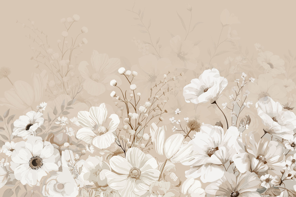 Beige Neutral Floral Wallpaper Mural in your room