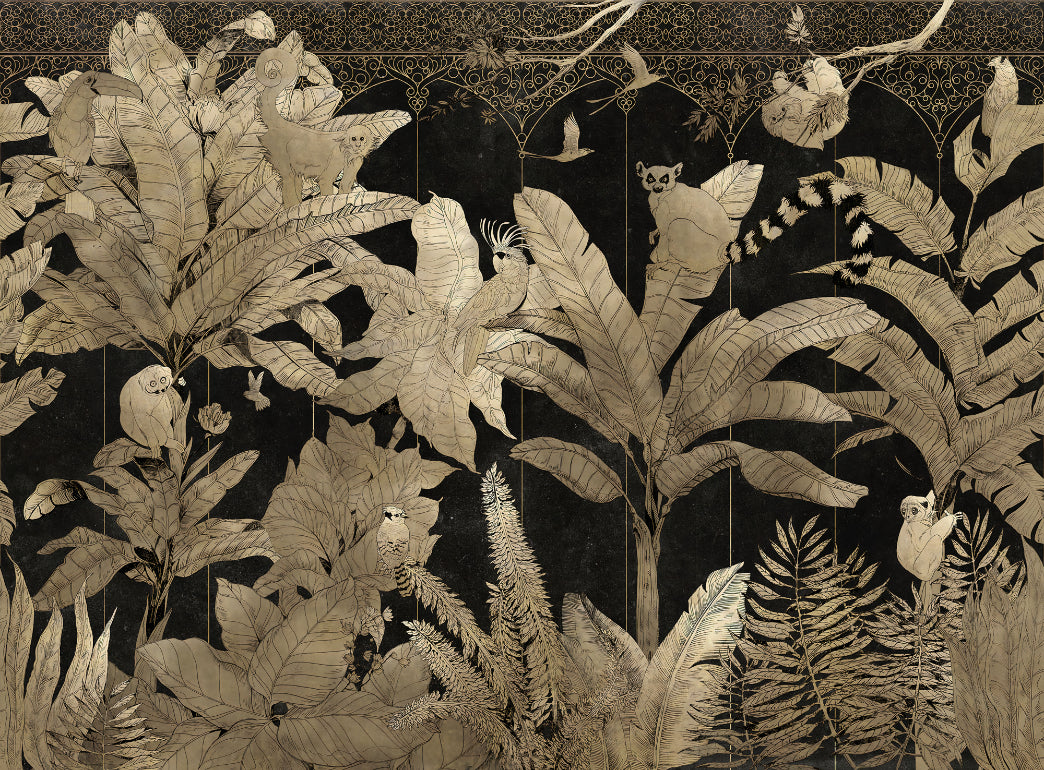 Luxury Gold Jungle Botanical Wall Mural in your room — zoomed