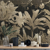 High-end tropical wallpaper with gold and black hues
