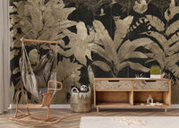 Gold jungle botanical wallpaper with exotic wildlife
