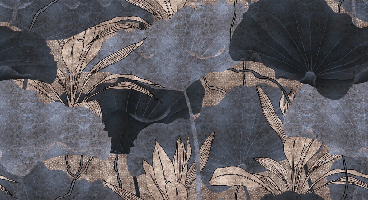 Modern Botanical Grey Leaf Wall Mural in your room — zoomed