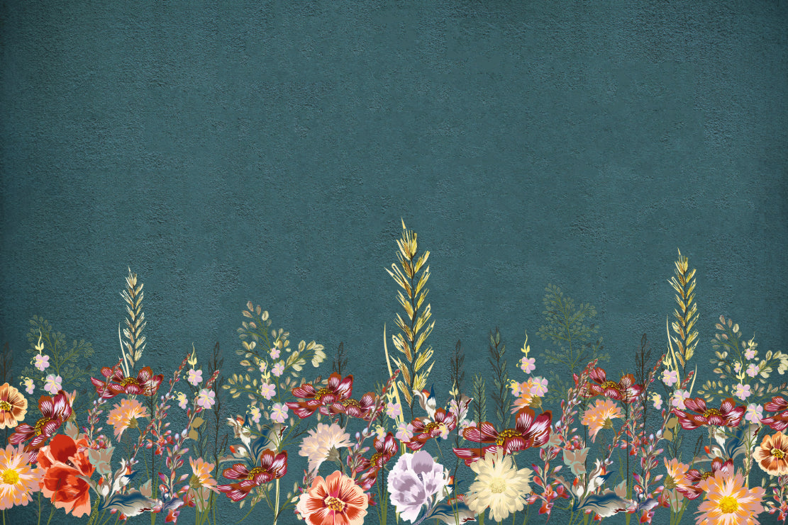 Teal Botanical Wildflower Wall Mural in your room — zoomed
