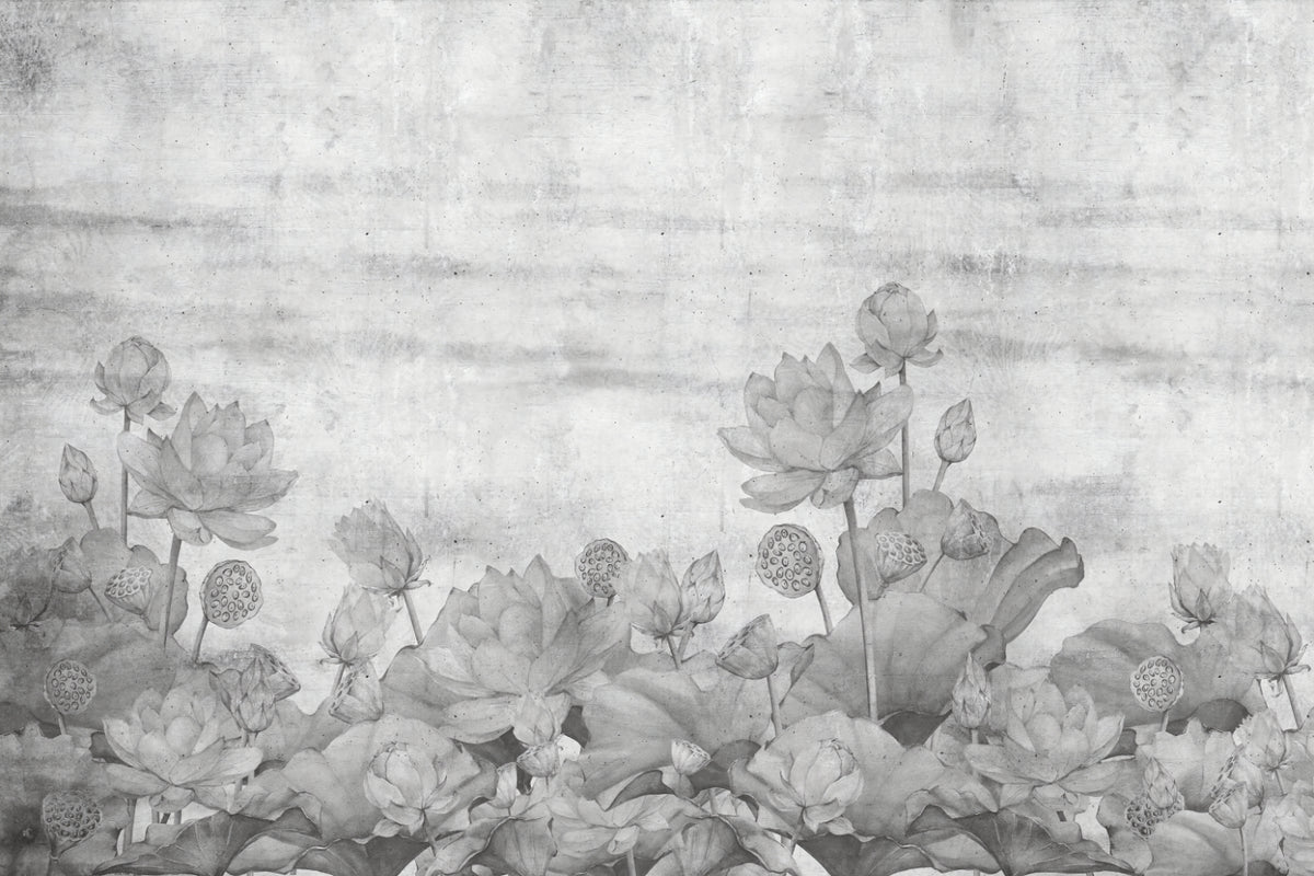 Grayscale Lotus Flower Wall Mural in your room