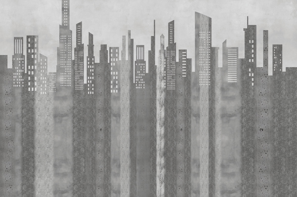 Grayscale Urban Cityscape Wall Mural in your room — zoomed
