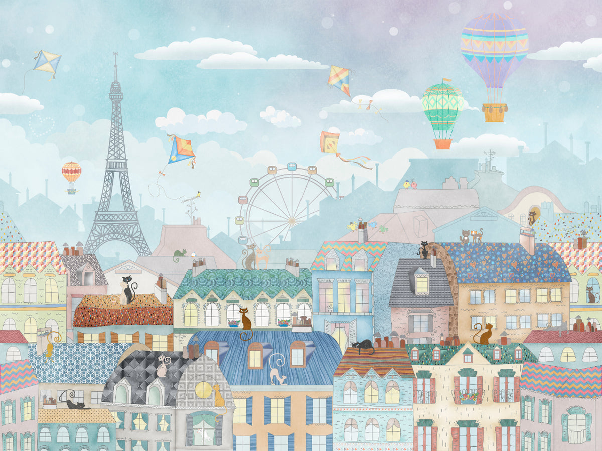 Whimsical Paris Cityscape Wall Mural in your room