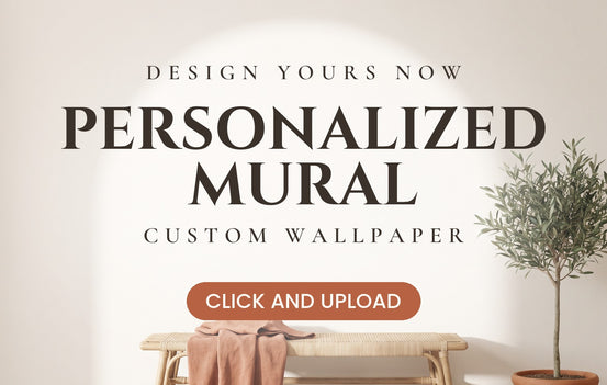 Upload Custom wallpaper banner on a dark navy string-light background reading Personalized Mural, Click and Upload