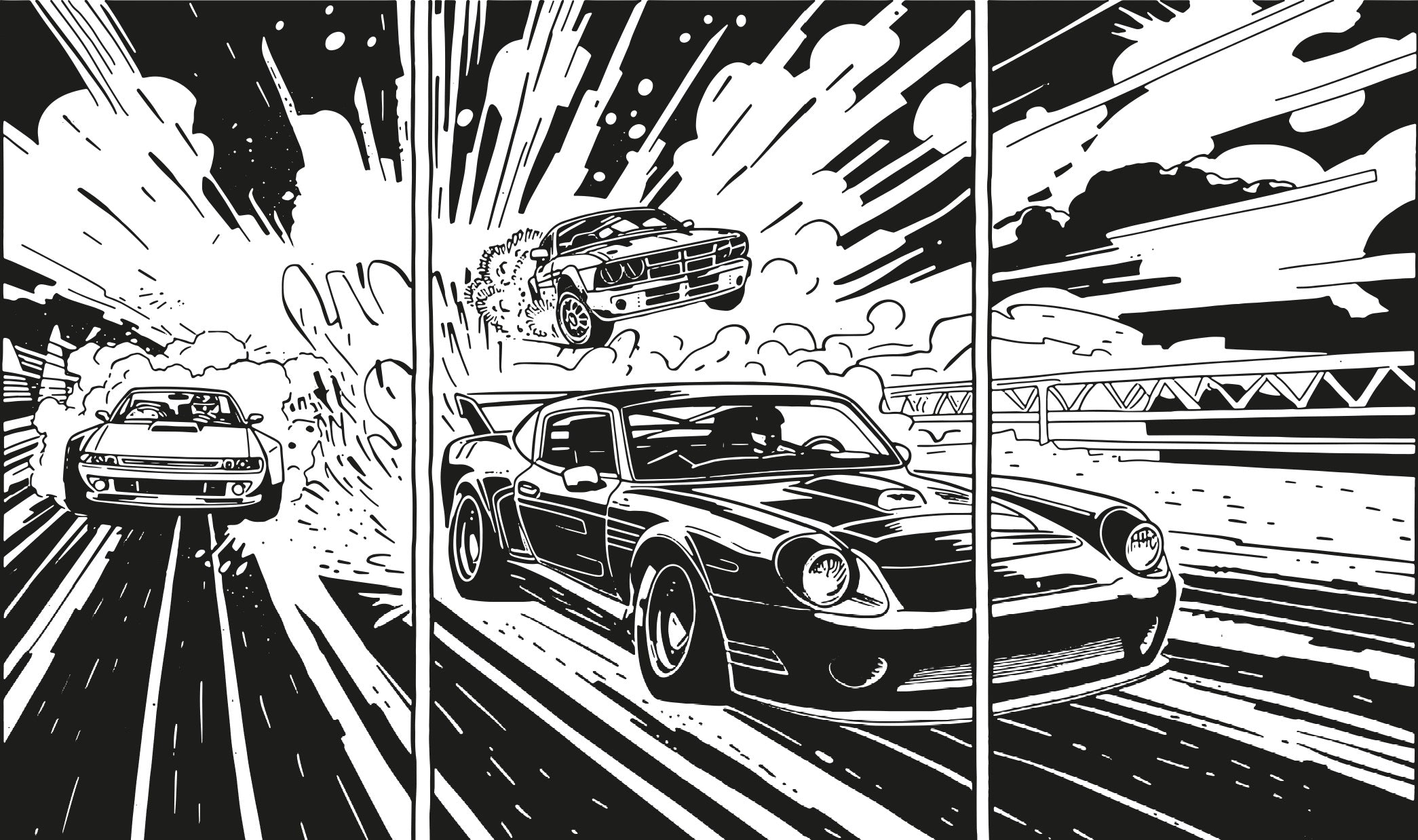 Classic muscle car in bold black and white
