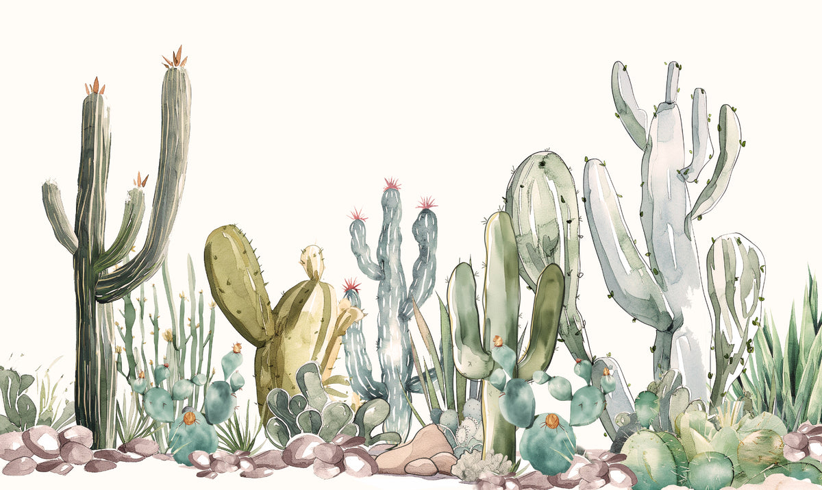 Watercolor Prickle Desert Cactus Wallpaper in your room — zoomed