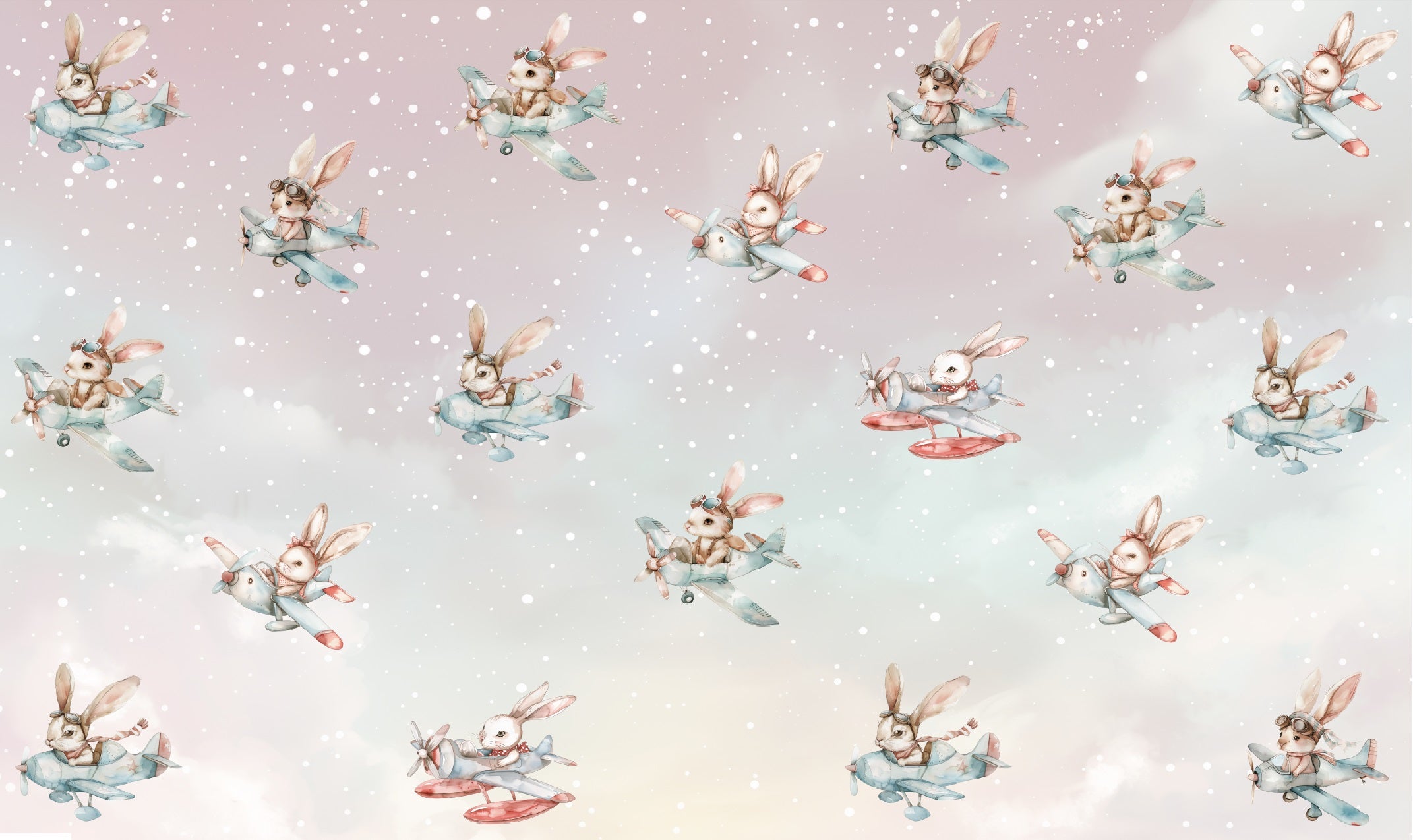 Playful bunnies flying airplanes in the sky-themed wallpaper.