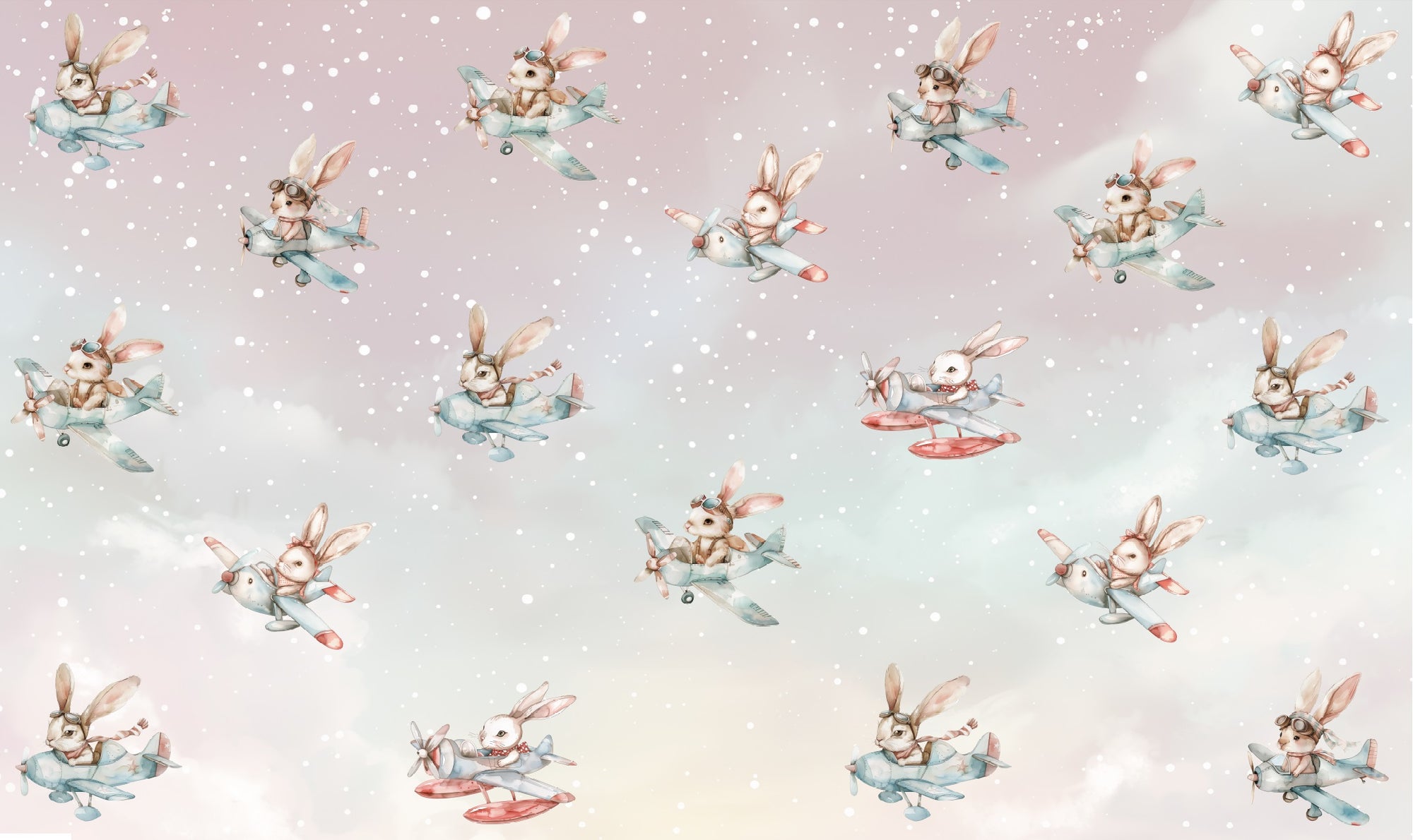 Watercolor cats flying while holding a bunch of balloons