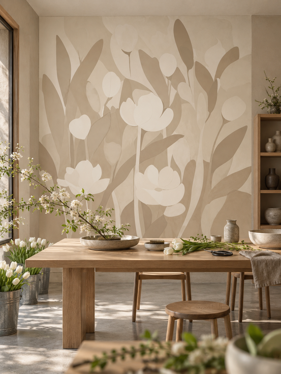Floral wallpaper mural behind a rustic oak dining table with stools and white tulips GD13859