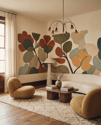Curving leaf forms fill the Living room as a soothing botanical wall mural