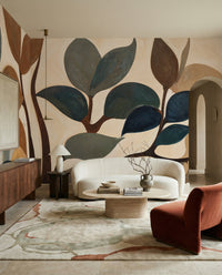 Teal and ochre foliage spreads across Emils Garden behind a rust accent chair in the living room