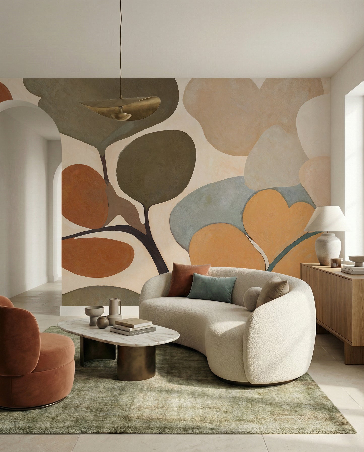 Living room glows with the Emils Bouquet wall mural in rust and sage