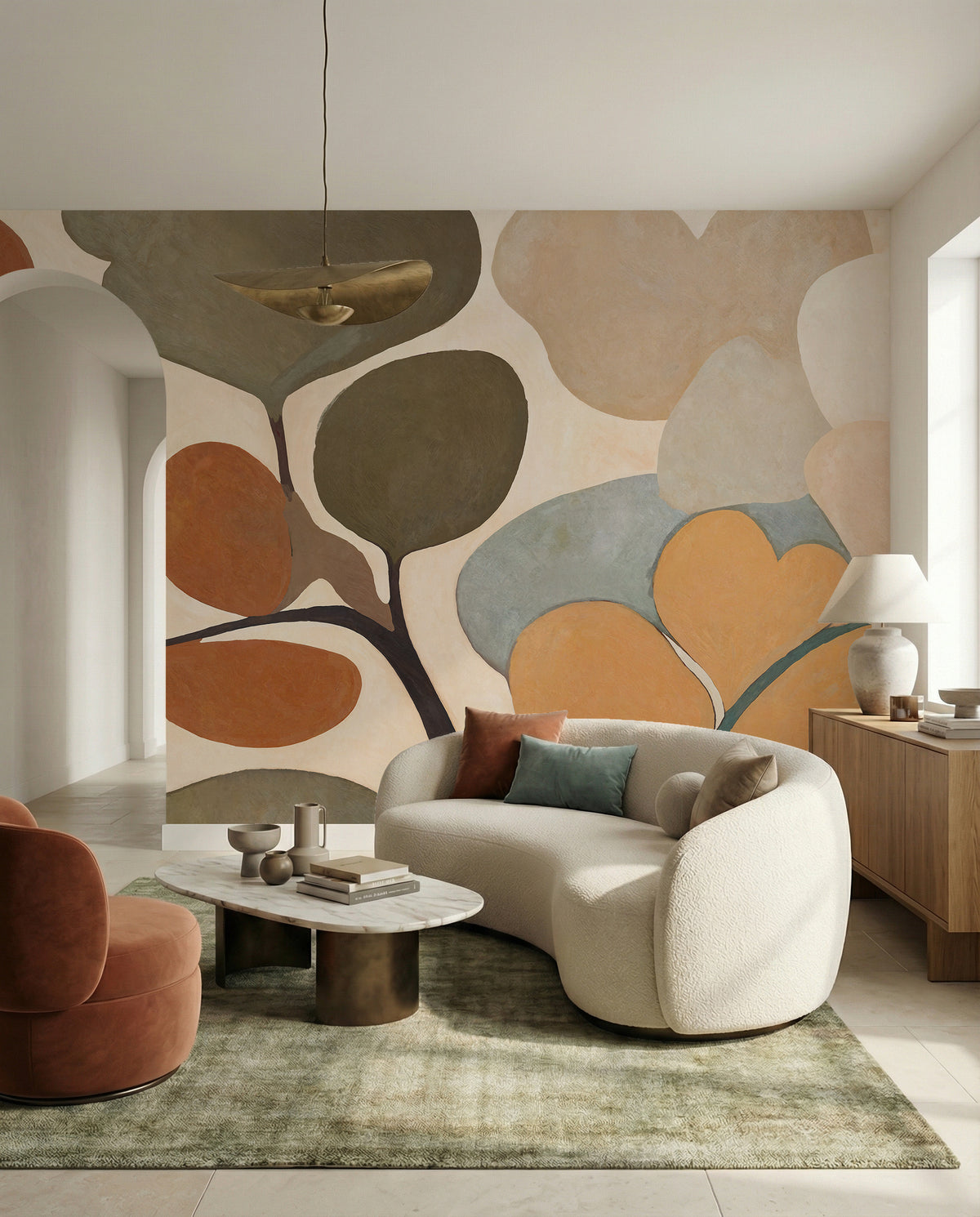 Living room glows with the Emils Bouquet wall mural in rust and sage