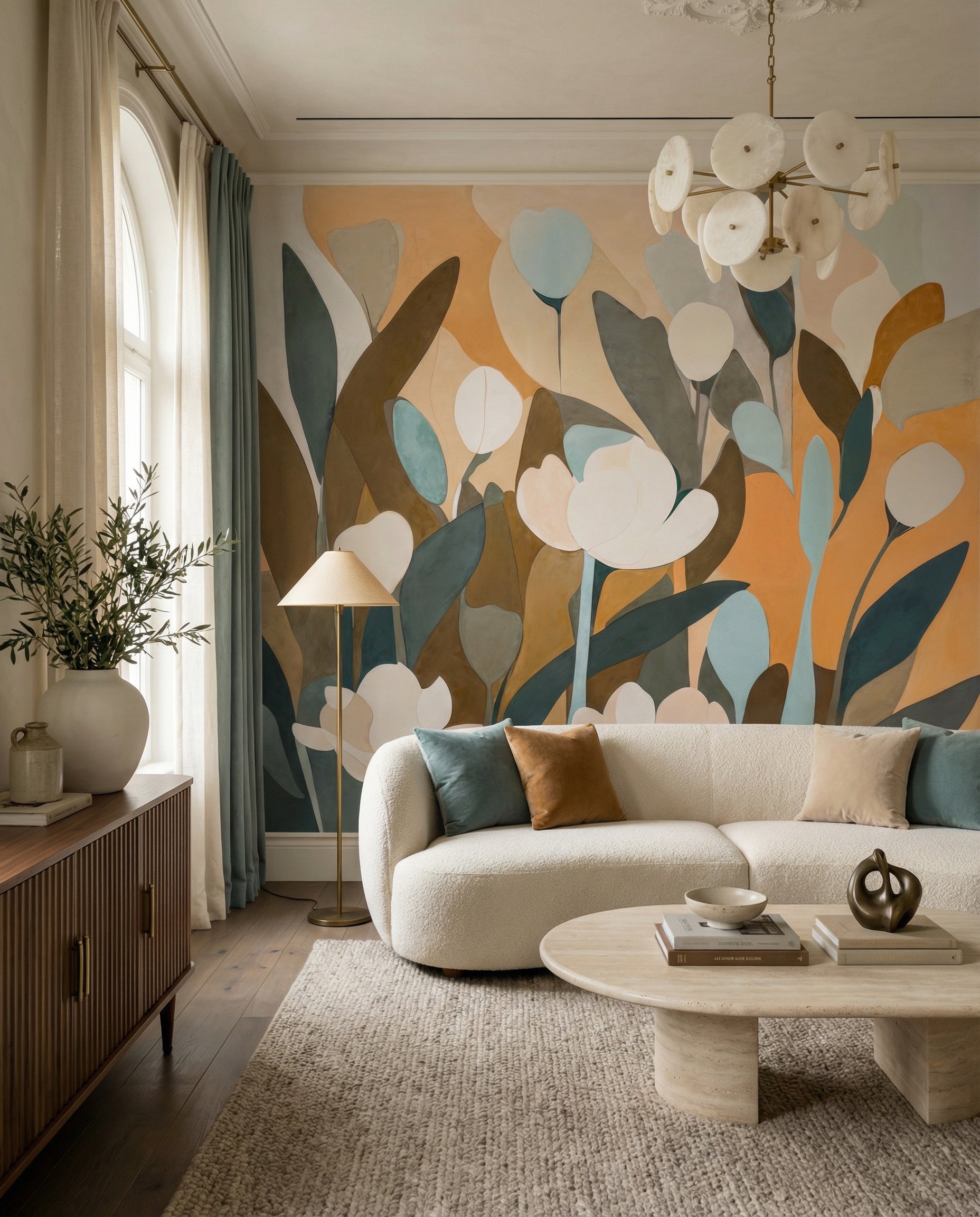 Slate blue leaves curve through a Living room scene with the Emis Meadow wall mural.