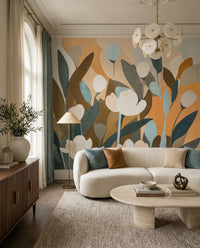 Slate blue leaves curve through a Living room scene with the Emis Meadow wall mural.