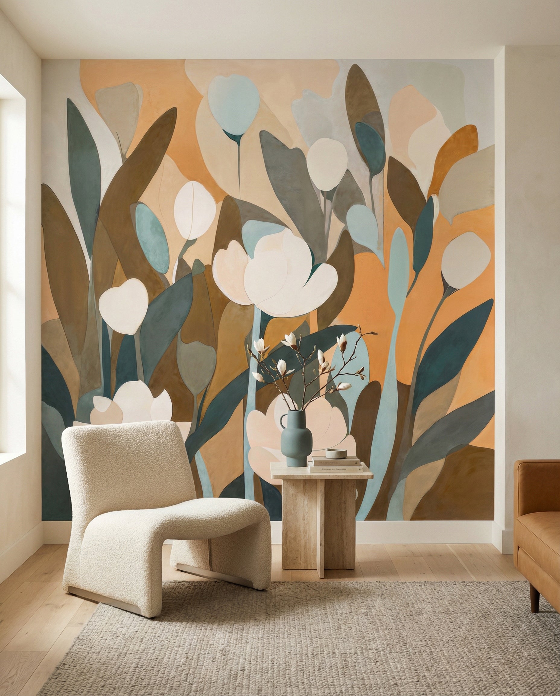 Foliage shapes drift behind a lounge framed by this Meadow wall mural.