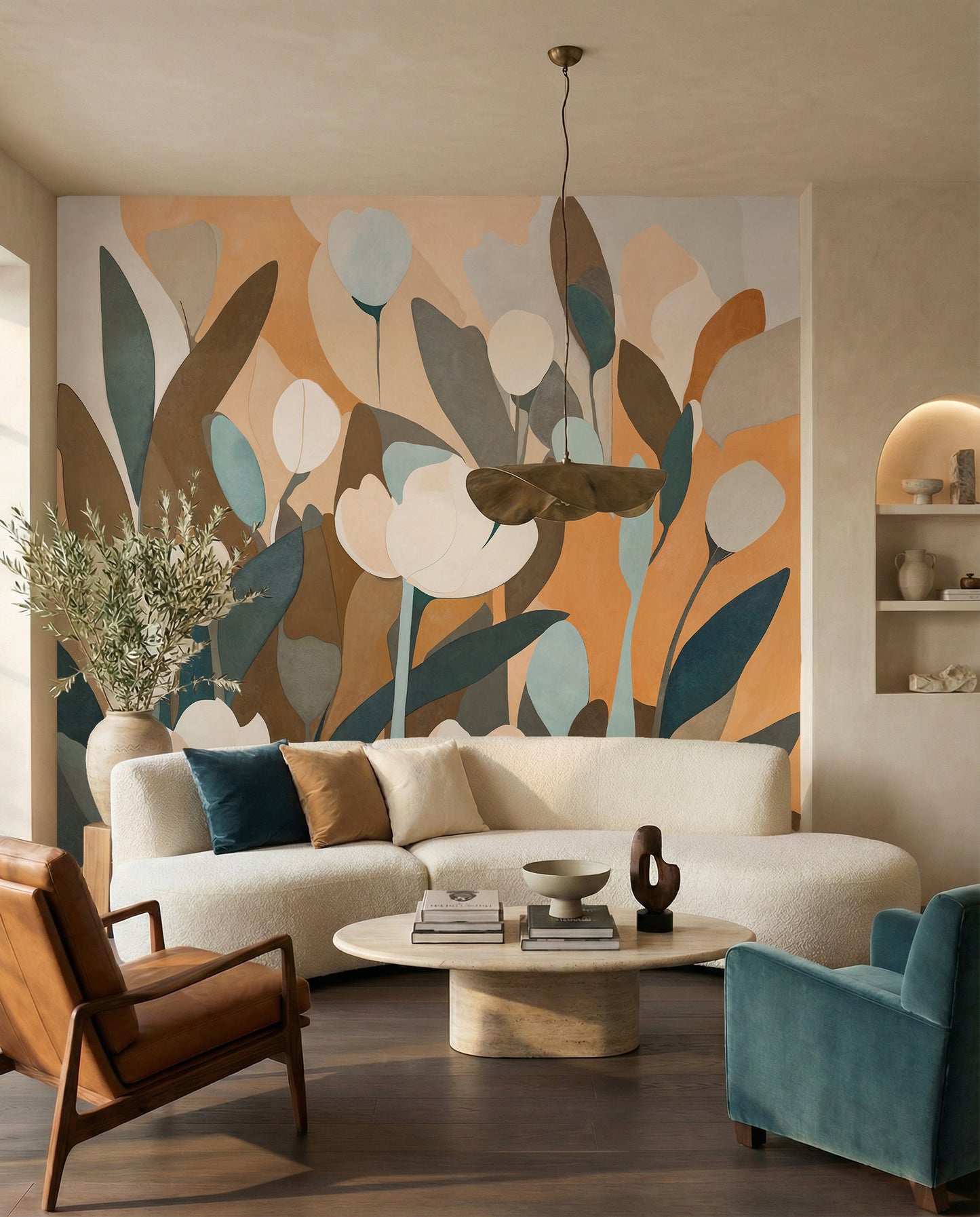 Teal and ochre foliage warms a Living room in this Meadow wall mural.