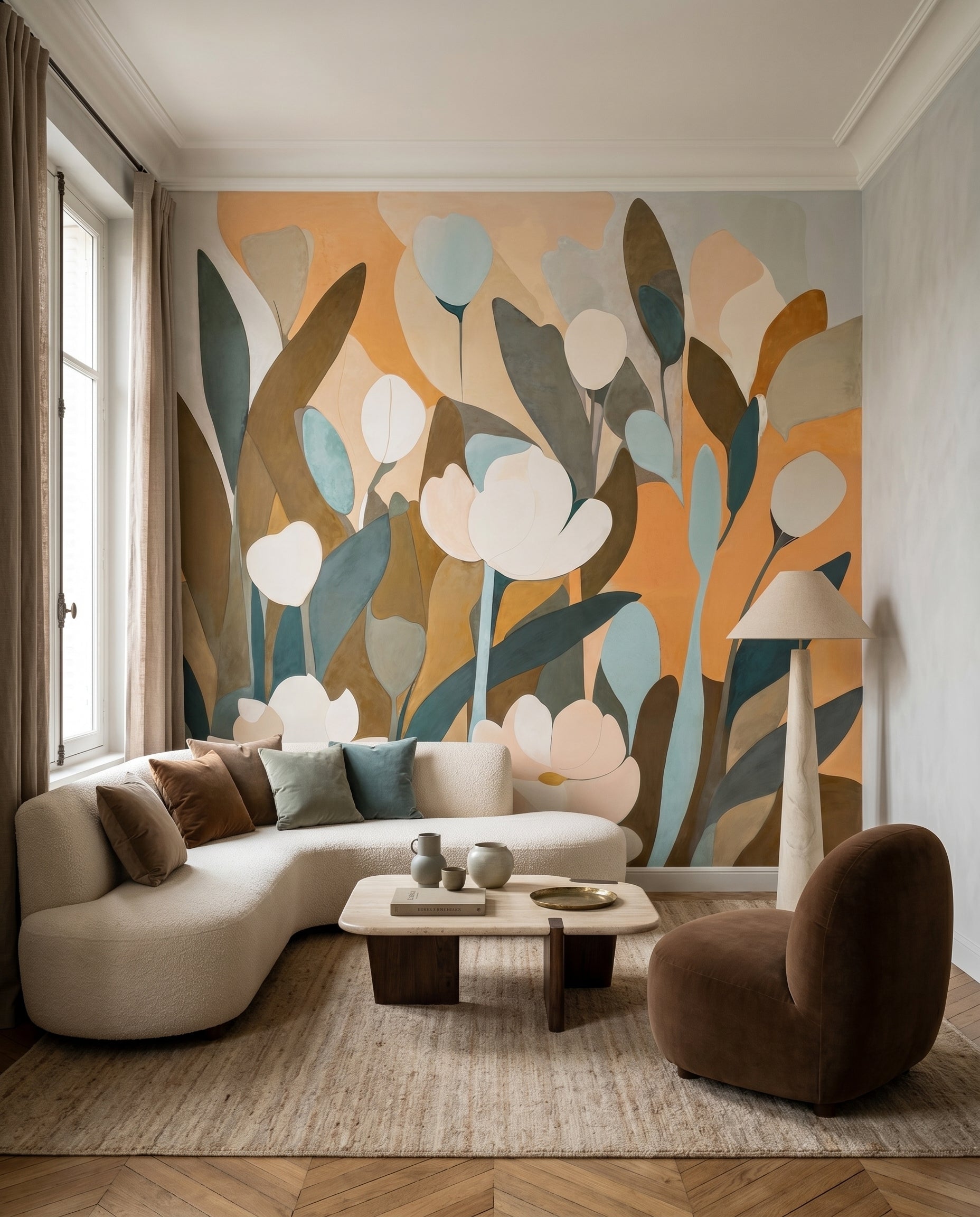 Painterly tulip heads lift a Living area on the Emis Meadow wall mural.