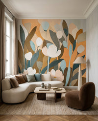 Painterly tulip heads lift a Living area on the Emis Meadow wall mural.