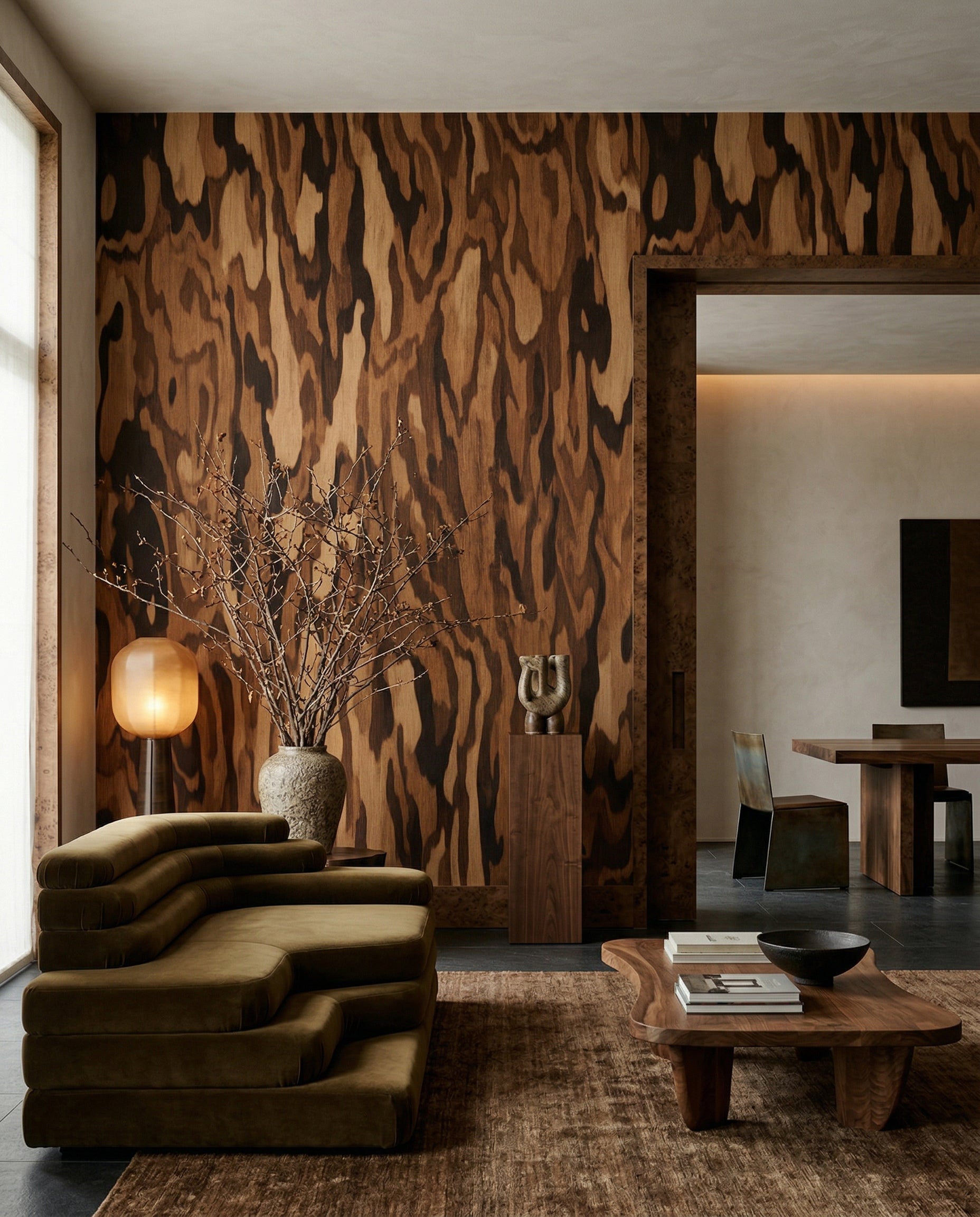 Earthy chocolate tones in the Ettore Walnut burl wall mural lift a Living room.