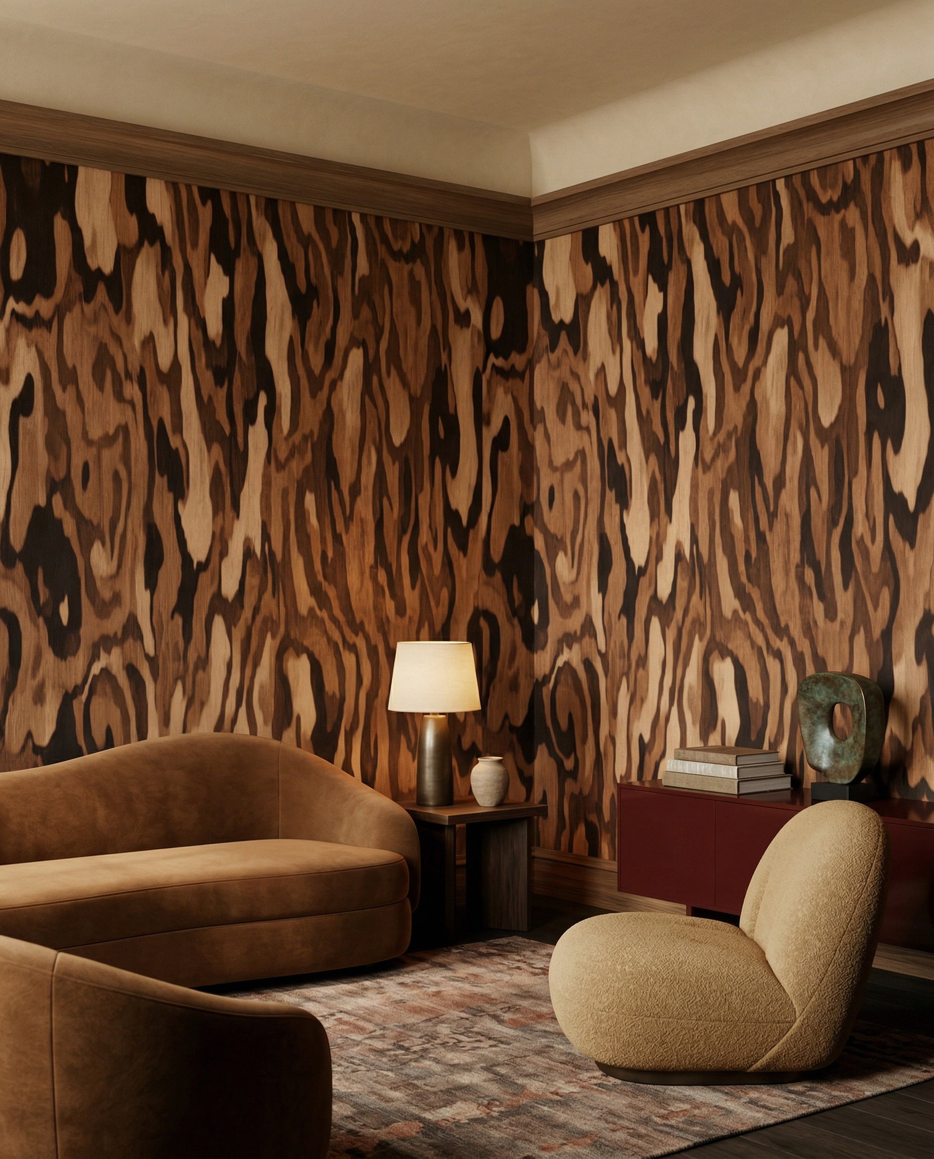 Burl pattern rolls floor to ceiling in a lounge, finishing with the Ettore wall mural.