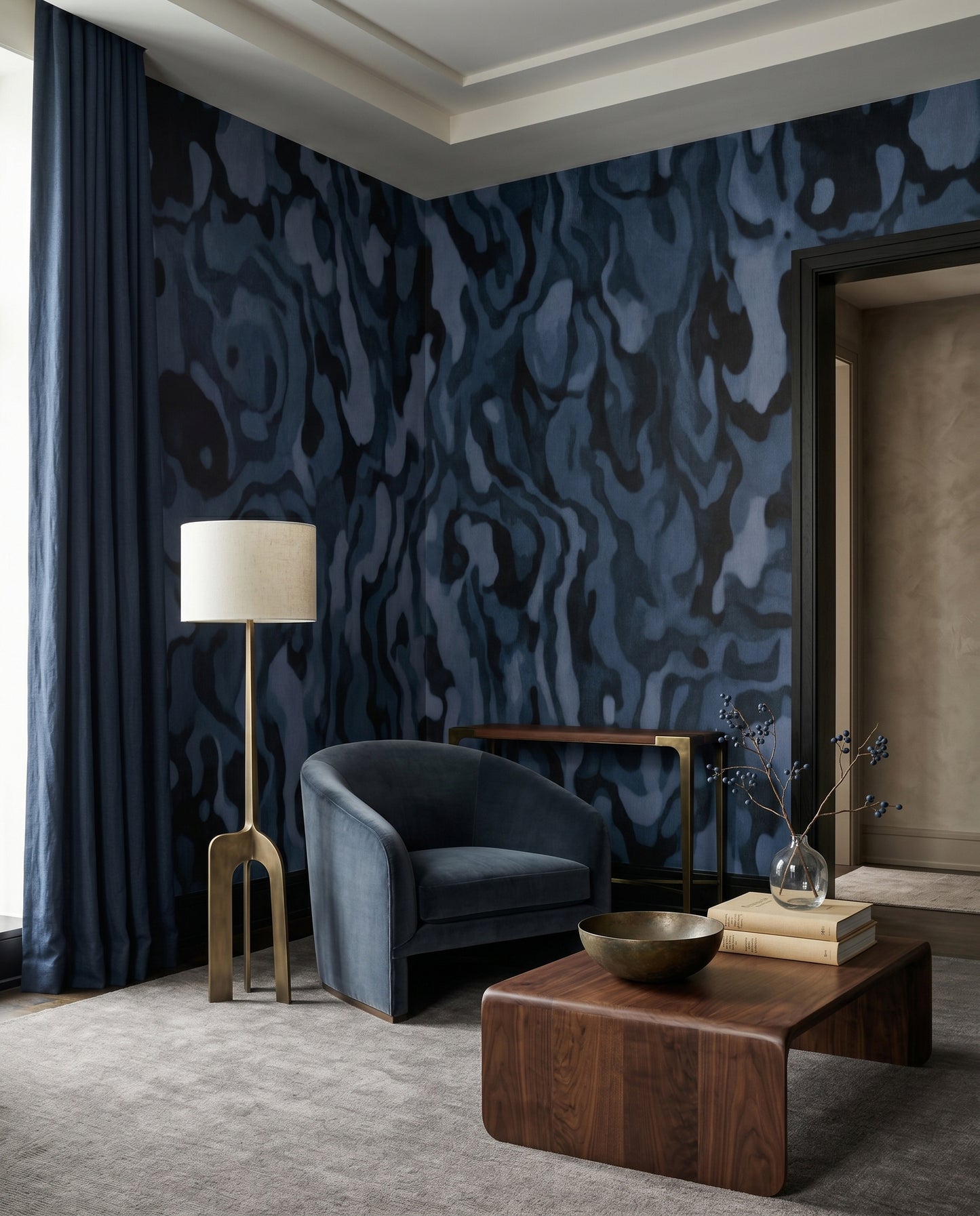 Streaming navy ripples lead into a Living room with the Ettore Burl wall mural.