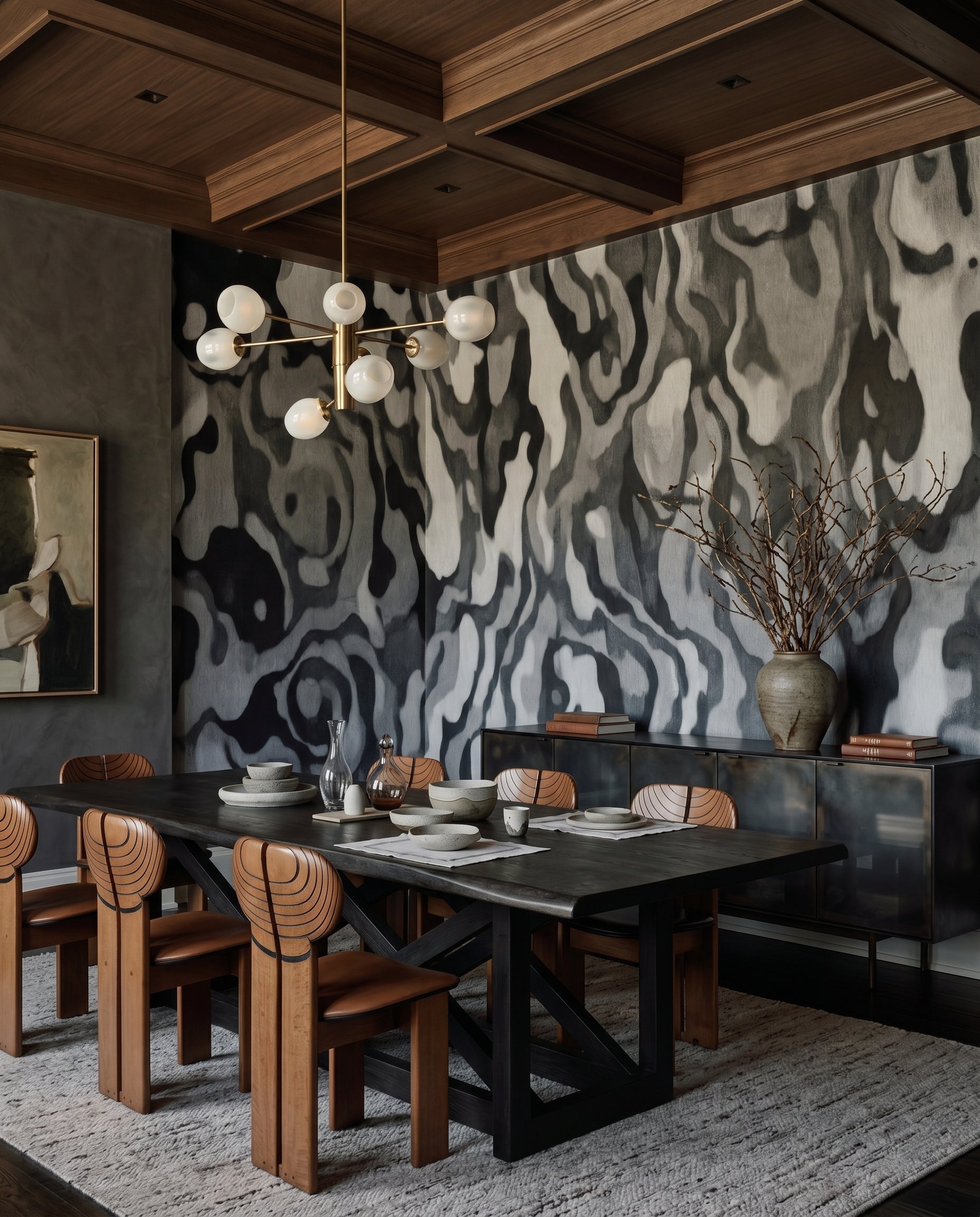 Ripples of ivory and black on the Ettore Line Dining room wall mural