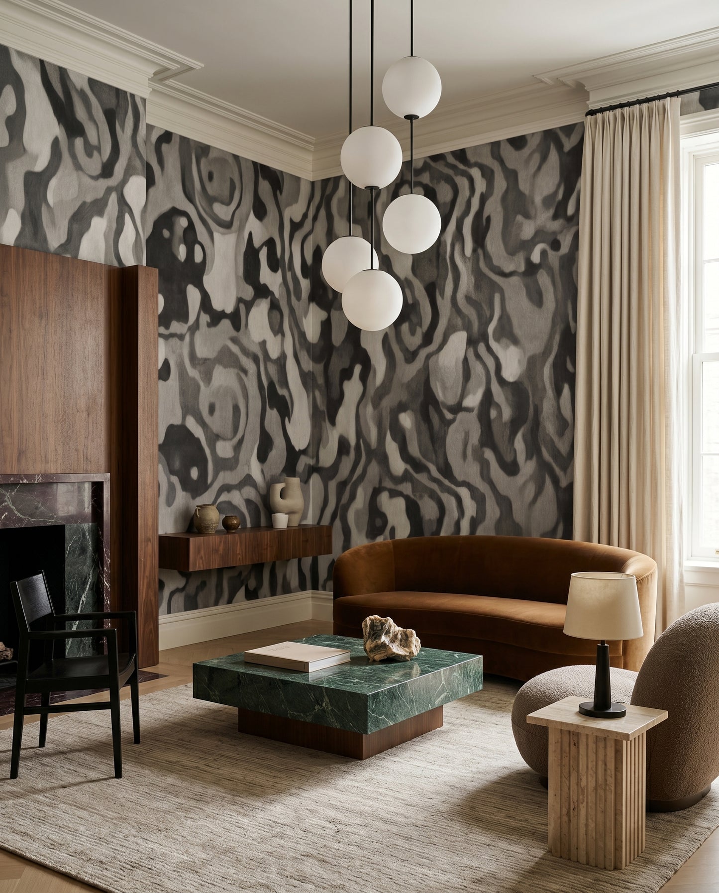 Marbled wall mural giving the Living room a moody, painterly backdrop