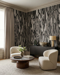 Twisting ripples move across a Living room view with the Ettore Root wall mural.
