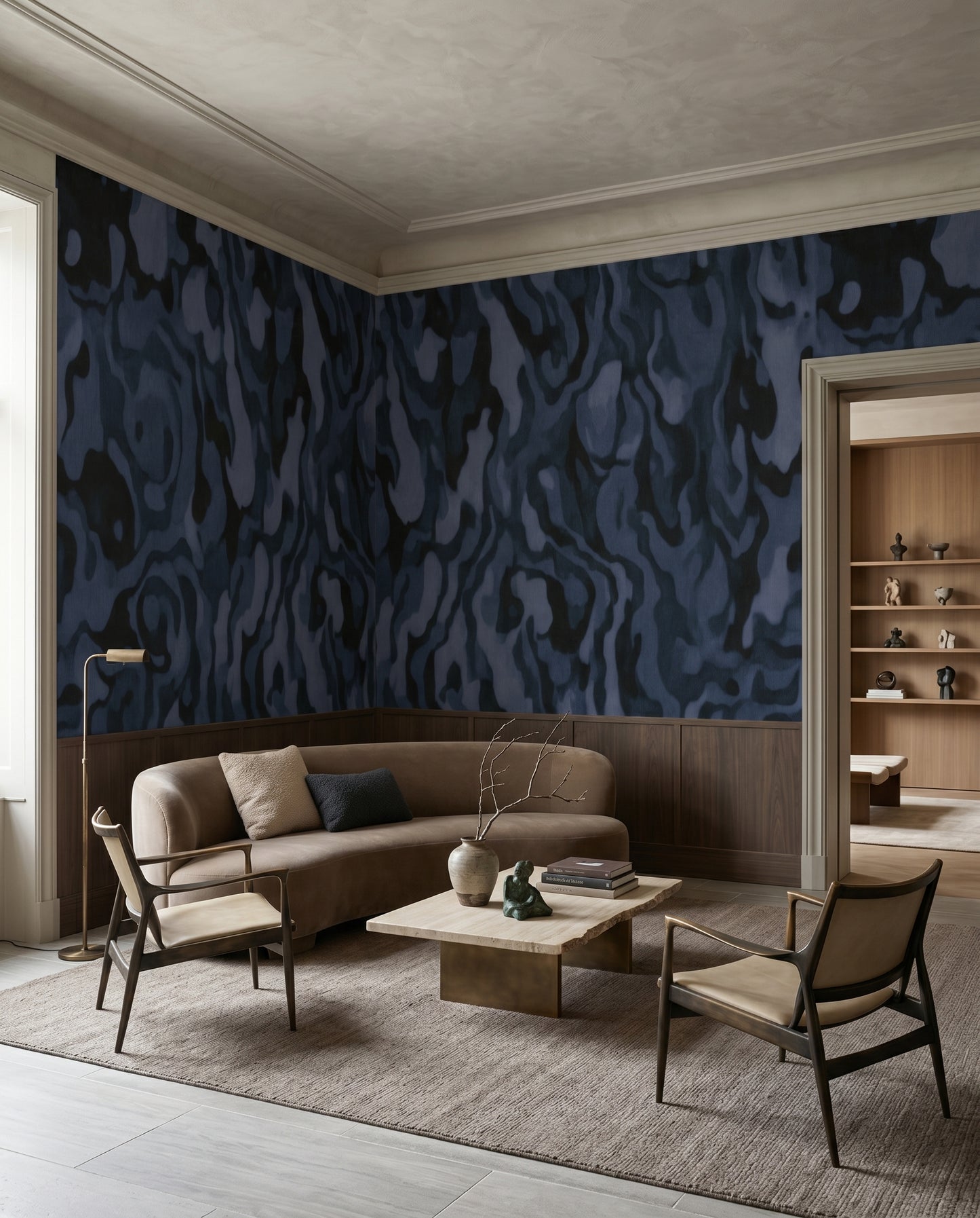 The Hallway takes a moody turn with indigo swirls from this veined wall mural.
