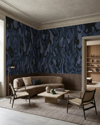 The Hallway takes a moody turn with indigo swirls from this veined wall mural.
