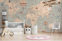 Vibrant vintage aeronautical world wallpaper mural for imaginative kids.
