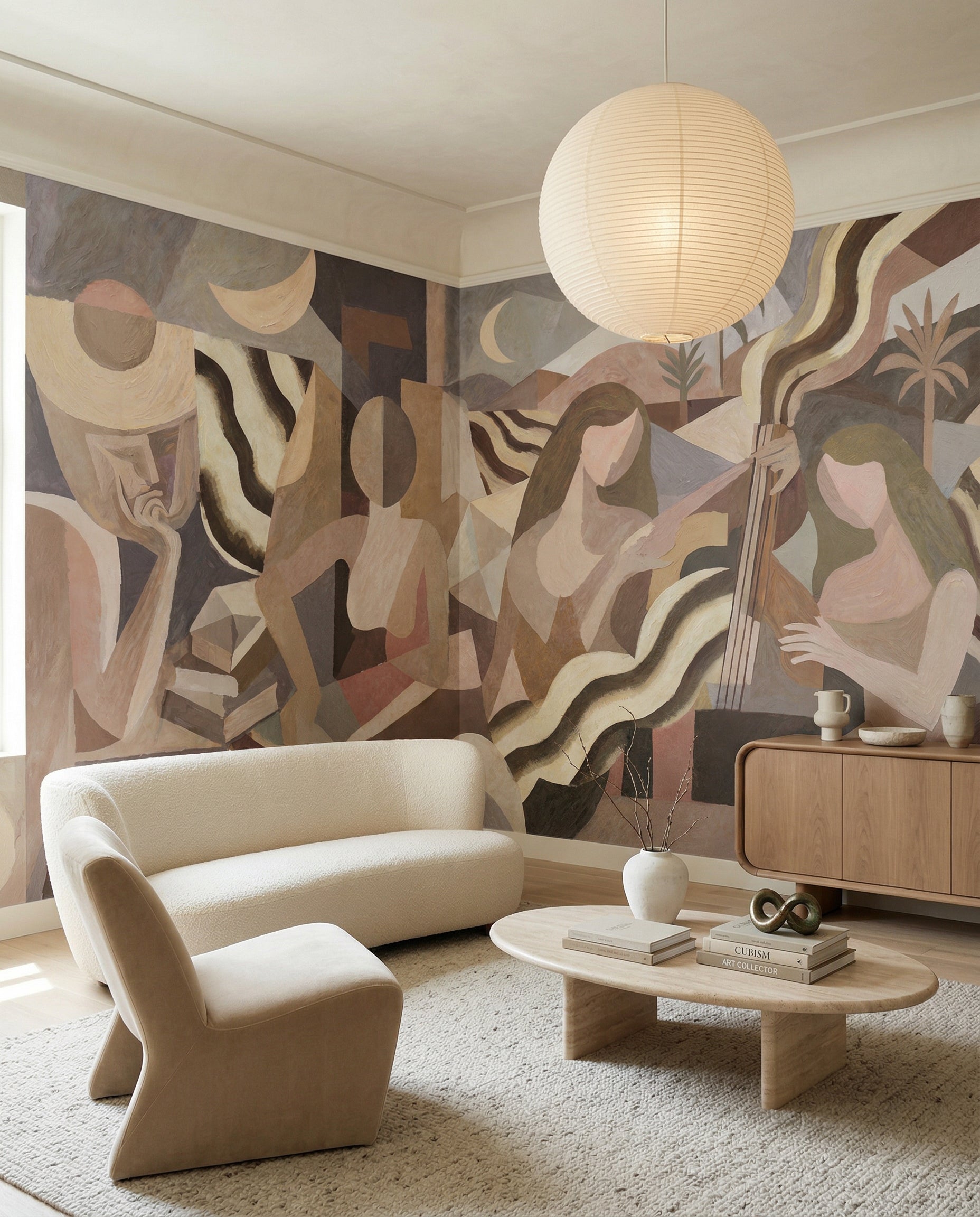 Painted figures move through a hallway  in this neutral cubist wall mural