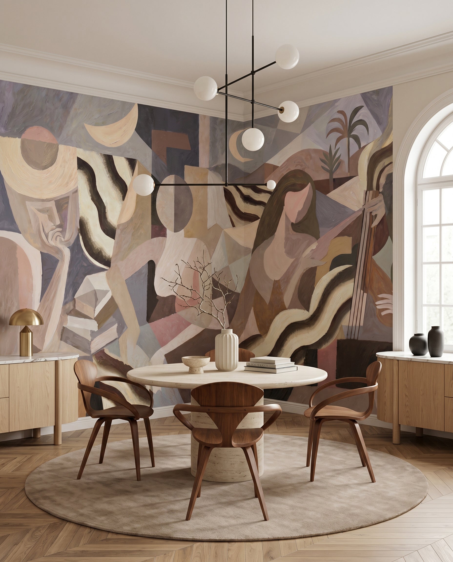 Quiet dining area framed by the Lunar Drift wall mural in warm beige