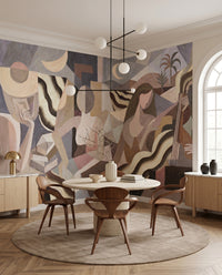 Quiet dining area framed by the Lunar Drift wall mural in warm beige