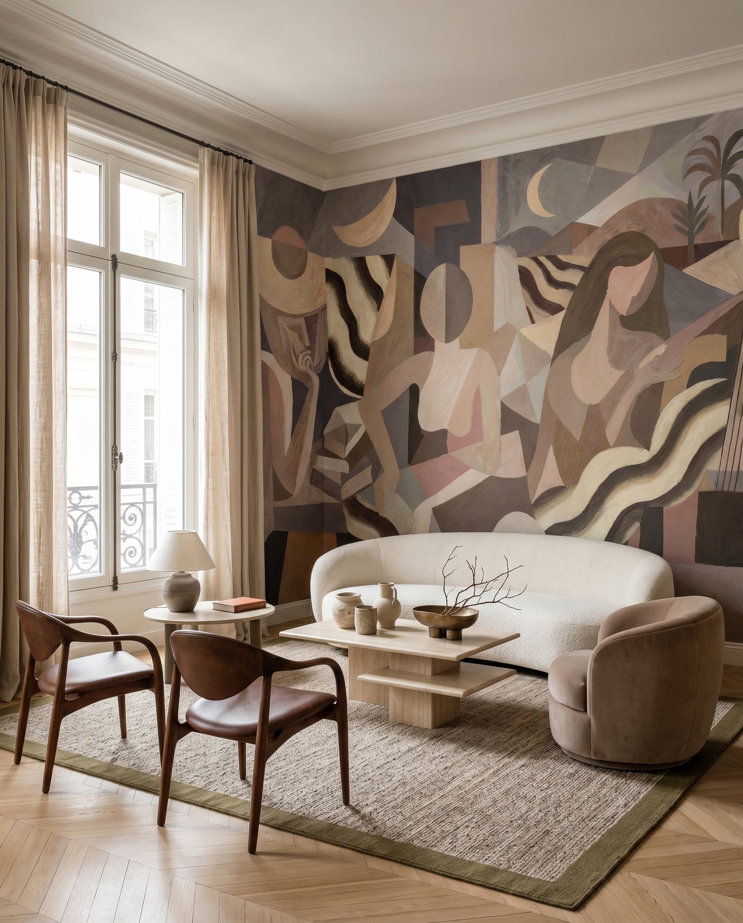 Lunar Drift wall mural giving a lounge a relaxed cubist character