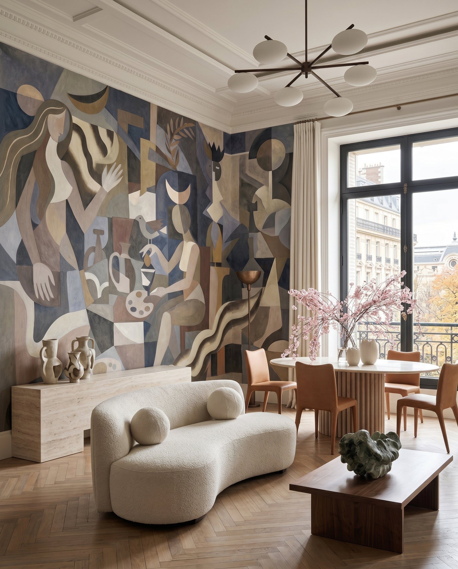 Living room feature in slate blue and taupe shaped by the Lunar Eclipse wall mural.