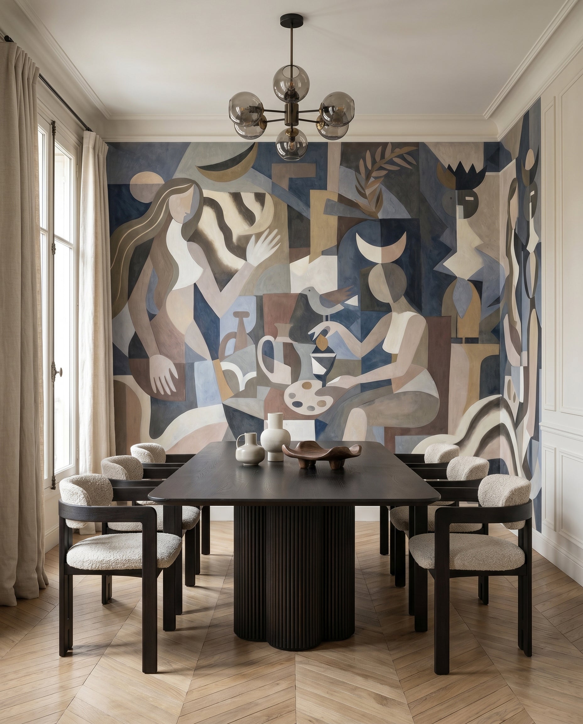 Dining room styled with the cubist Lunar Eclipse wall mural in muted blues.