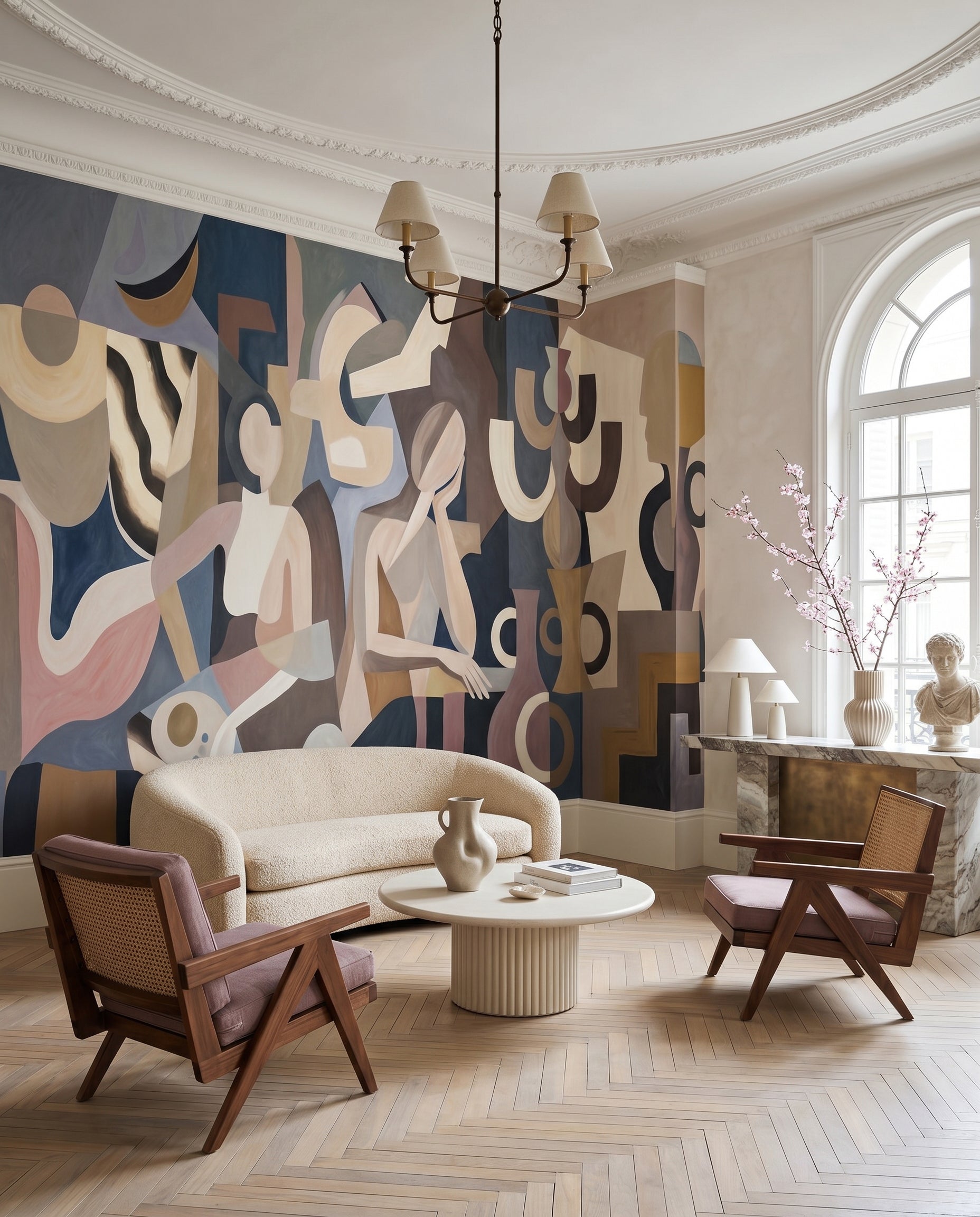 Cubist figures and crescent moon spread through Lunar Silence wall mural in a Living room